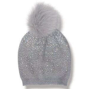 Adrienne Landau Gray Beanie Faux Fur Pom Clear Crystals Knit 10% Wool OS NWT